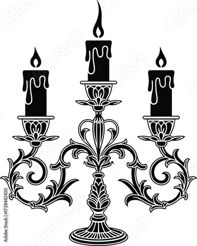 Gothic candelabrum silhouette, black candle holder vector, ornate wax drip design, vintage flame illustration, elegant decorative centerpiece icon