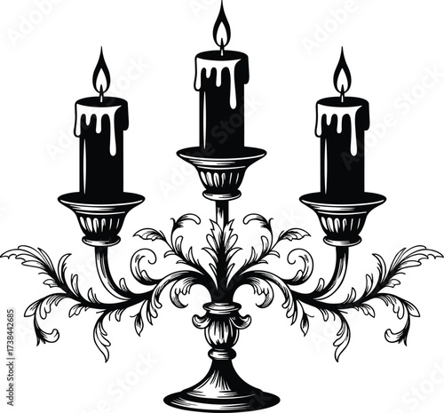 Ornate candelabrum silhouette, vintage candle holder vector, elegant wax drip design, black illustration with flames, classic decorative centerpiece icon