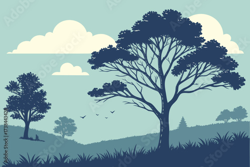 Bird on Branch in Misty Hillside Vector - Duotone Nature Graphic