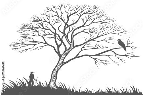 Partially Leafy Tree, Birds and Conifers Vector - Duotone Nature Graphic