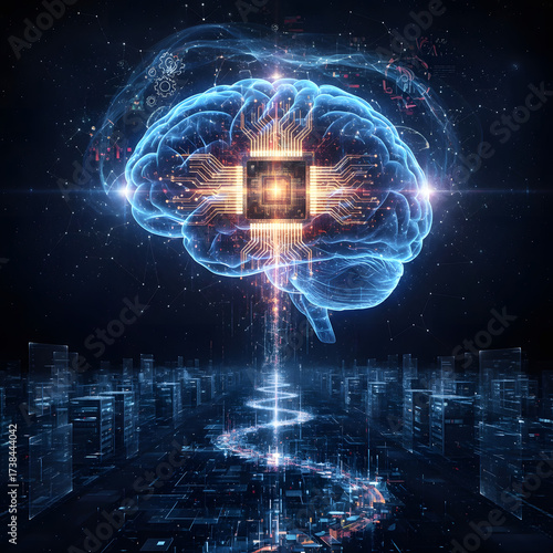 Brain's Digital Symphony: A captivating illustration of a human brain, awash in an ethereal glow, interwoven with the circuitry of advanced technology.