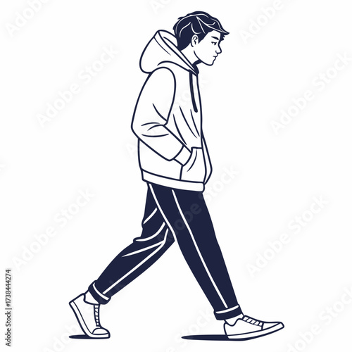 Young Man in Casual Hoodie Walking Alone in Simplistic Vector image isolated on white background.