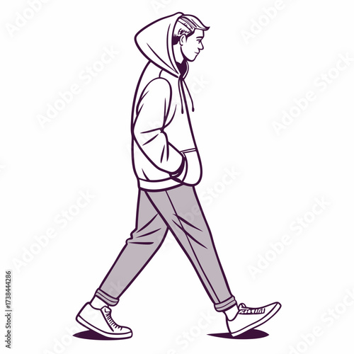 Young Man in Casual Hoodie Walking Alone in Simplistic Vector image isolated on white background.