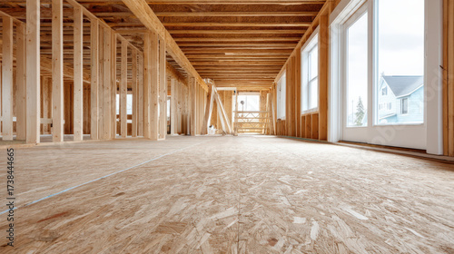 Spacious interior of a modern home under construction, showcasing wooden beams and open layout with natural light streaming through large windows