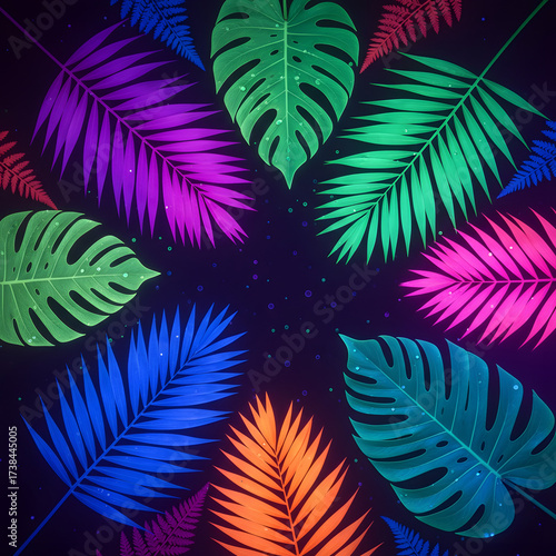 Radiant Botanical Dance: A vibrant display of tropical leaves radiates outward, each one awash in a spectrum of neon colors, creating a captivating, otherworldly composition.