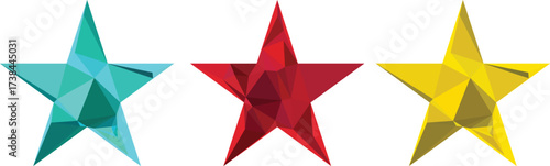 Three colorful, geometric stars in teal, red, and yellow, arranged horizontally against a white background.