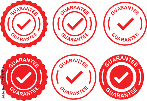 Collection of six red guarantee seals with a white checkmark inside, symbolizing assurance and quality.