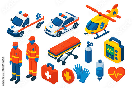 Ambulance Fleet Icons. Isometric vector illustration set Ambulance Fleet: ambulance van, ambulance car, medical helicopter,