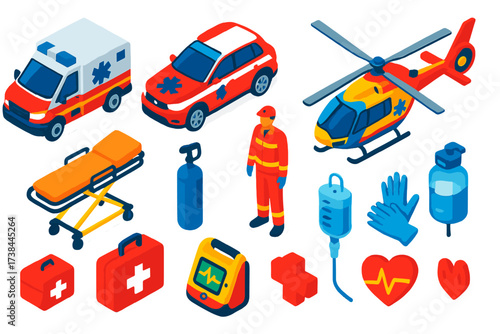 Ambulance Fleet Icons. Isometric vector illustration set Ambulance Fleet: ambulance van, ambulance car, medical helicopter,