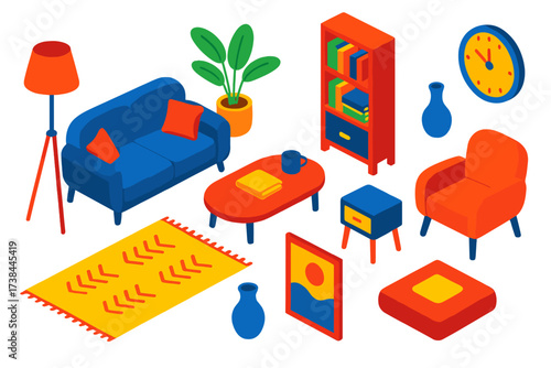 Chic Home Decor Icons. Isometric vector illustration set Chic Home Interior: sofa, tripod lamp, potted plant, coffee table, rug,