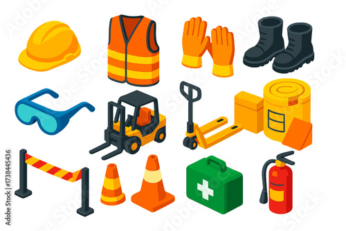 Logistics Safety Icons. Isometric vector illustration set Hazard Prevention in Logistics: hard hat, vest, gloves, safety boots,