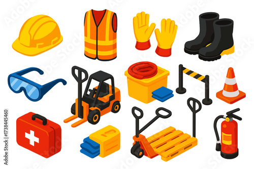 Logistics Safety Icons. Isometric vector illustration set Hazard Prevention in Logistics: hard hat, vest, gloves, safety boots,
