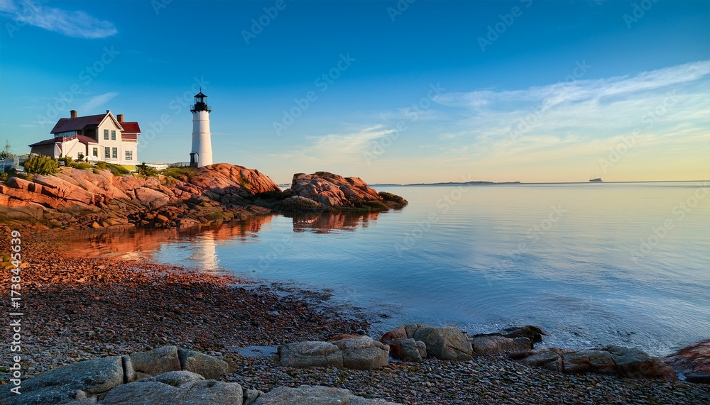 Fototapeta premium calm early morning at low tide below bass harbor light house