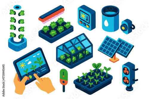 Vertical Farming Icons. Isometric vector illustration set Vertical Farming Technology: hydroponic tower, LED grow lights, climate