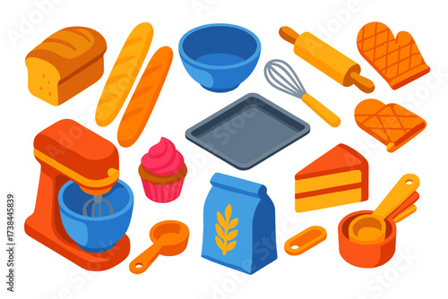 Bakery Essentials Icons. Isometric vector illustration set Bakery Essentials: loaf of bread, baguette, rolling pin, mixing bowl,