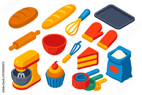 Bakery Essentials Icons. Isometric vector illustration set Bakery Essentials: loaf of bread, baguette, rolling pin, mixing bowl,