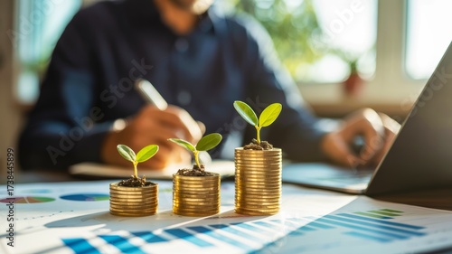 A person is analyzing financial growth, represented by growing plants on stacks of coins, symbolizing investment and sustainability.