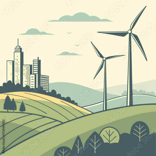 Modern city skyline and rolling green hills with wind turbines generating clean renewable energy
