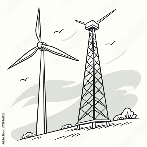 Stylized black and white illustration of two wind turbines on a grassy hill with birds flying in the sky