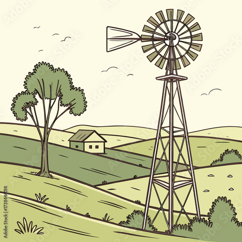 Rustic farm landscape with a vintage windmill a small house and a lone tree under a pale sky with birds