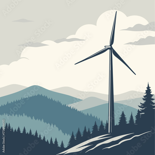 Stylized illustration of a lone wind turbine standing tall against a backdrop of layered blue mountains and cloudy sky