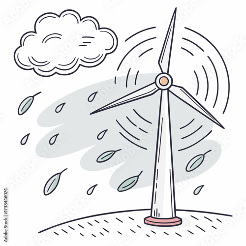 Stylized illustration of a wind turbine generating clean energy surrounded by a cloudy sky and falling leaves