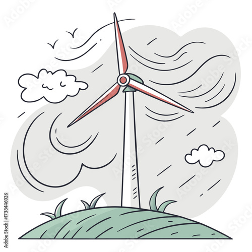 Stylized illustration of a wind turbine generating clean energy on a grassy hill under a cloudy sky with birds flying