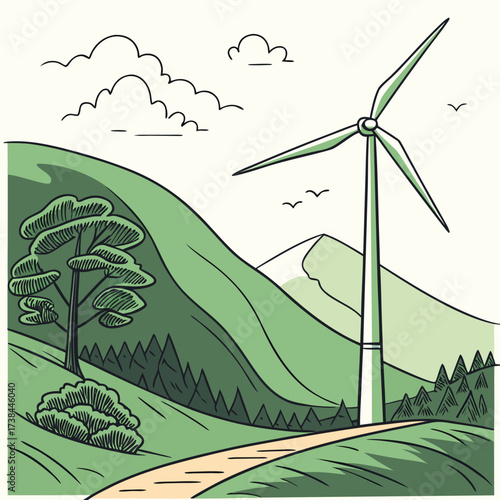 Stylized illustration of a wind turbine standing tall in a lush green landscape with rolling hills and a winding path