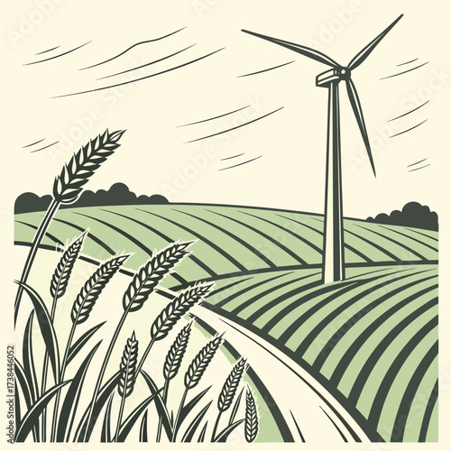 Stylized illustration of a wind turbine standing tall in a green agricultural field with wheat stalks in the foreground