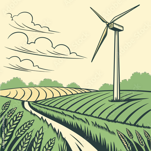 Stylized illustration of a wind turbine standing tall in a vibrant green agricultural field under a cloudy sky
