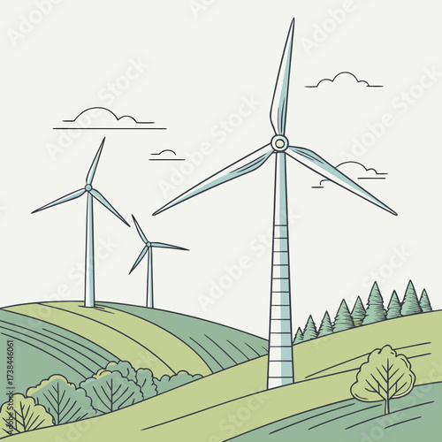 Stylized illustration of three wind turbines generating clean energy on rolling green hills with trees and clouds