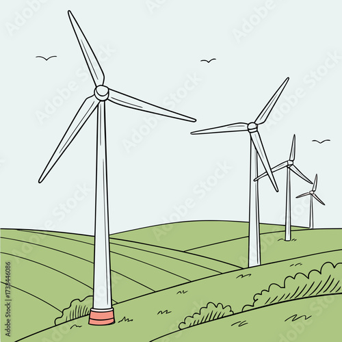 Stylized illustration of wind turbines generating clean energy on rolling green hills under a pale sky with birds