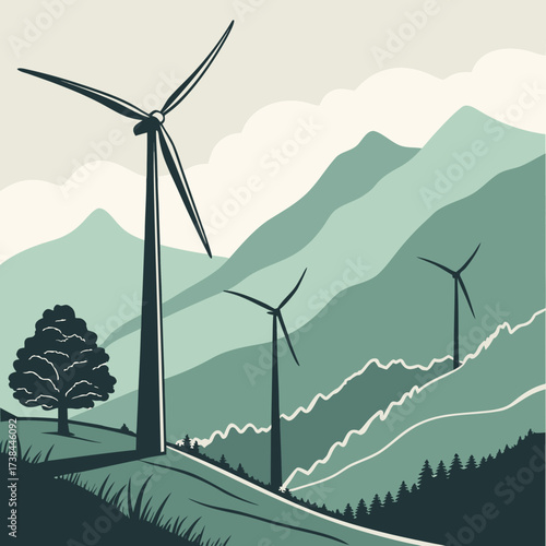 Stylized illustration of wind turbines generating clean energy on rolling green hills under a cloudy sky