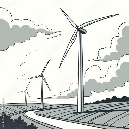 Stylized illustration of wind turbines in a field under a cloudy sky with a winding road leading towards them