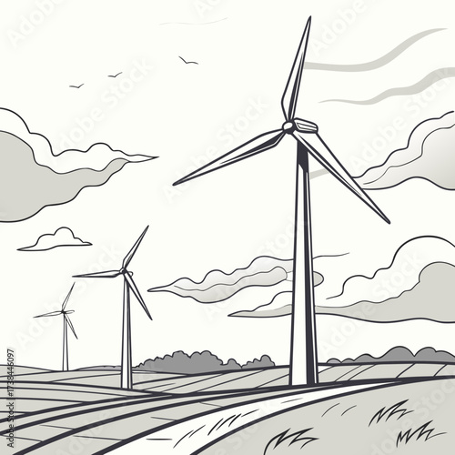 Stylized illustration of wind turbines generating clean energy in a rural landscape under a cloudy sky with birds