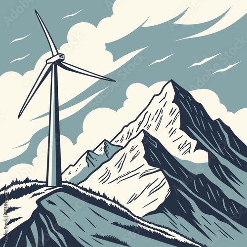 A lone wind turbine stands tall on a mountain ridge against a backdrop of dramatic clouds and snow capped peaks