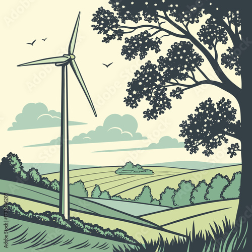 A lone wind turbine stands tall in a picturesque green landscape under a cloudy sky with birds flying above