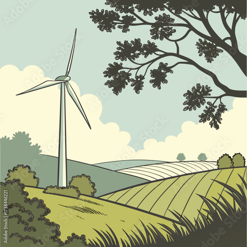 A lone wind turbine stands tall in a picturesque rural landscape with rolling green hills and cultivated fields under a cloudy sky