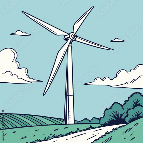 A single white wind turbine stands tall in a green field under a blue sky with fluffy clouds