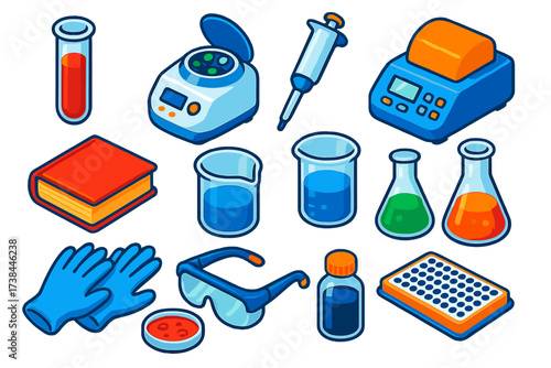 Chemical Lab Icons. Isometric vector illustration set Chemical Research Lab: test tube, centrifuge, micropipette, PCR machine,