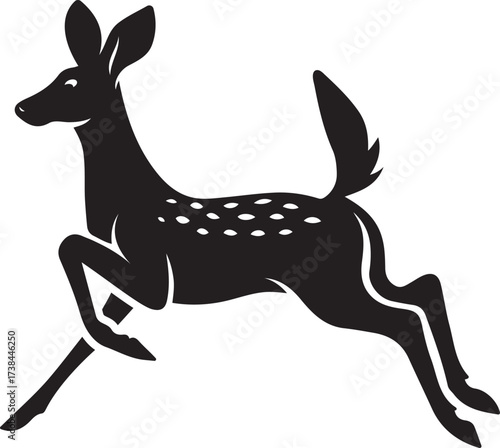 Fawn leaping silhouette with spots vector, Young deer jumping silhouette black and white