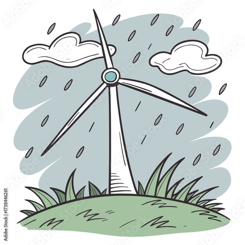 A whimsical cartoon illustration of a lone wind turbine standing tall on a grassy hill during a gentle rain shower with fluffy clouds above