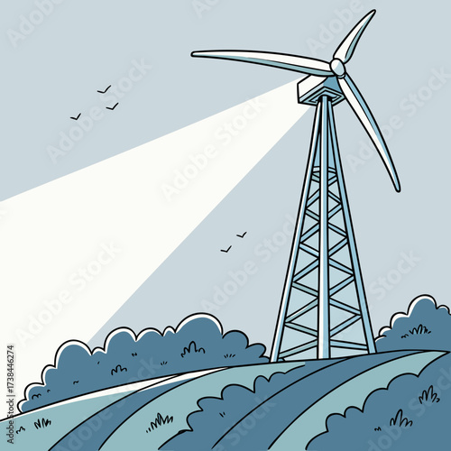A stylized illustration of a wind turbine generating clean energy on a rolling green landscape with birds flying