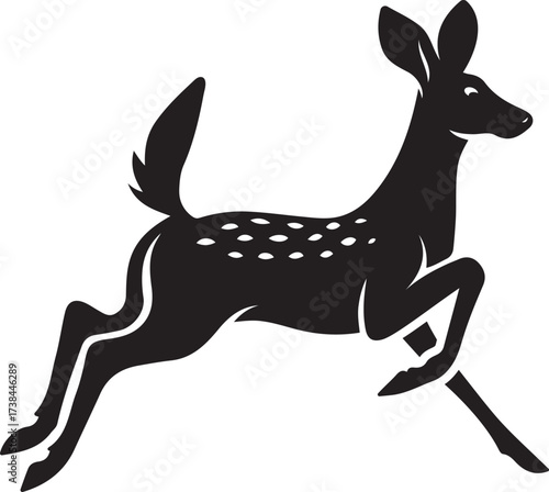 Leaping fawn silhouette with white spots, Baby deer jumping silhouette black and white