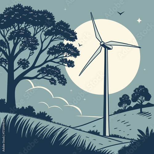 Serene landscape with a solitary wind turbine silhouetted against a large moon and starry sky