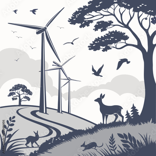 Serene landscape with wind turbines a majestic tree grazing deer rabbits and soaring birds under a cloudy sky