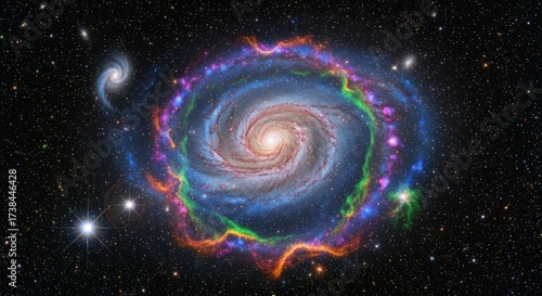 Spectacular view of a spiral galaxy with vibrant colors and intricate details, showcasing the beauty and vastness of the universe, with stars and cosmic dust