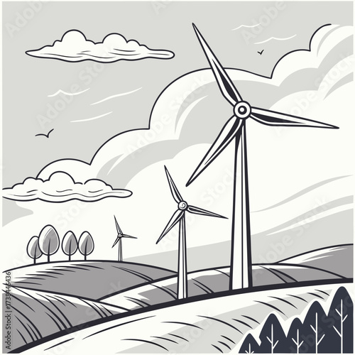 Stylized black and white illustration of wind turbines standing tall on rolling hills under a cloudy sky with birds flying