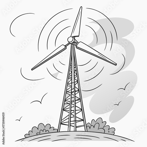 Stylized black and white illustration of a wind turbine generating clean energy on a grassy hill with birds flying