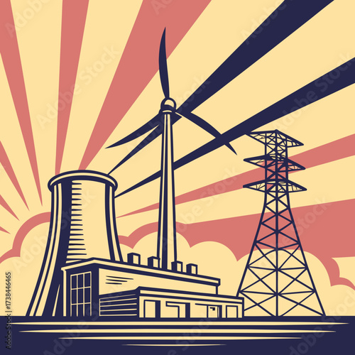 Stylized illustration of a power plant with a cooling tower and wind turbine against a sunburst background